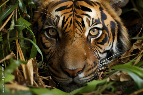 A wildlife photographer capturing a close-up shot of a majestic tiger in its natural habitat, hidden among dense foliage in a lush jungle   ACTORS: Wildlife photographer   LOCATION TYPE: Jungle   CAME © Matthias