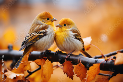 Two colorful birds perched side by side on a branch, their vibrant plumage complementing each other, symbolizing companionship and unity in the avian world | ACTORS: Birds | LOCATION TYPE: Forest | CA