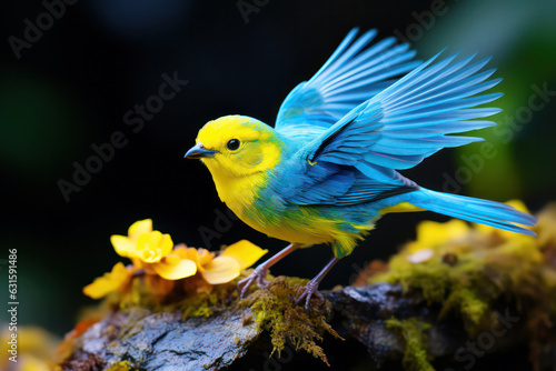 A colorful bird in mid-flight, its wings spread wide as it gracefully glides through the air, showcasing the agility and beauty of avian motion | ACTORS: Bird | LOCATION TYPE: Open Sky | CAMERA MODEL:
