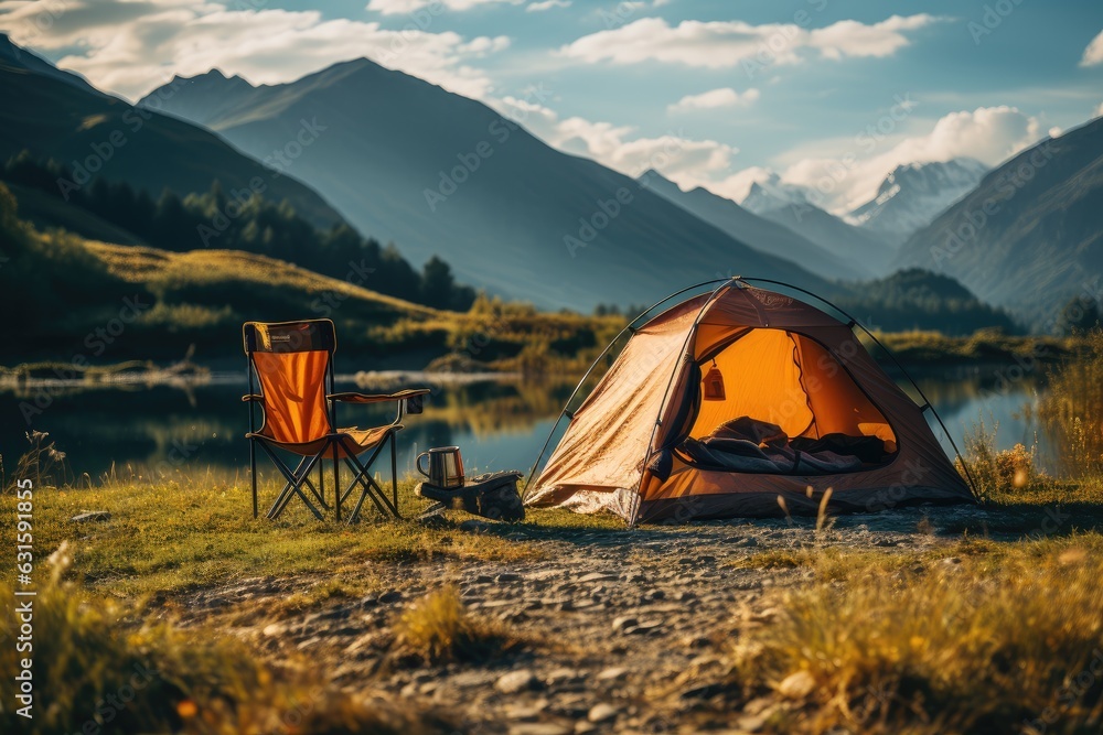 Tourism concept. Tourist tent camping in summer mountains near the lake