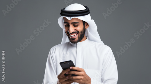 Happy Arabic man smiling, checking smartphone against a grey background. © Gregory O'Brien