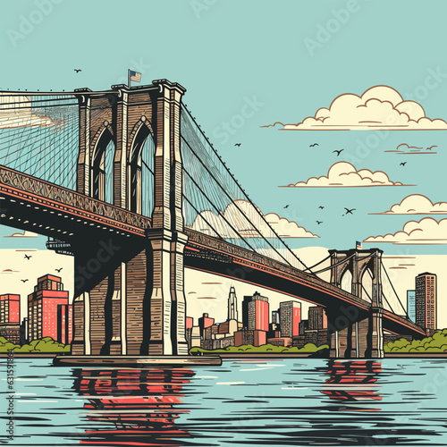 Brooklyn Bridge. Brooklyn Bridge hand-drawn comic illustration. Vector doodle style cartoon illustration