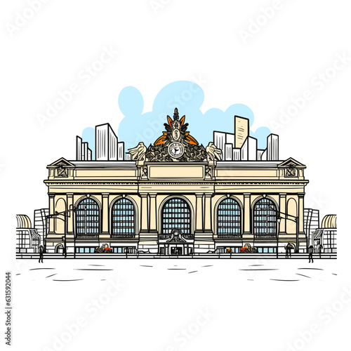Grand Central Terminal. Grand Central Terminal hand-drawn comic illustration. Vector doodle style cartoon illustration