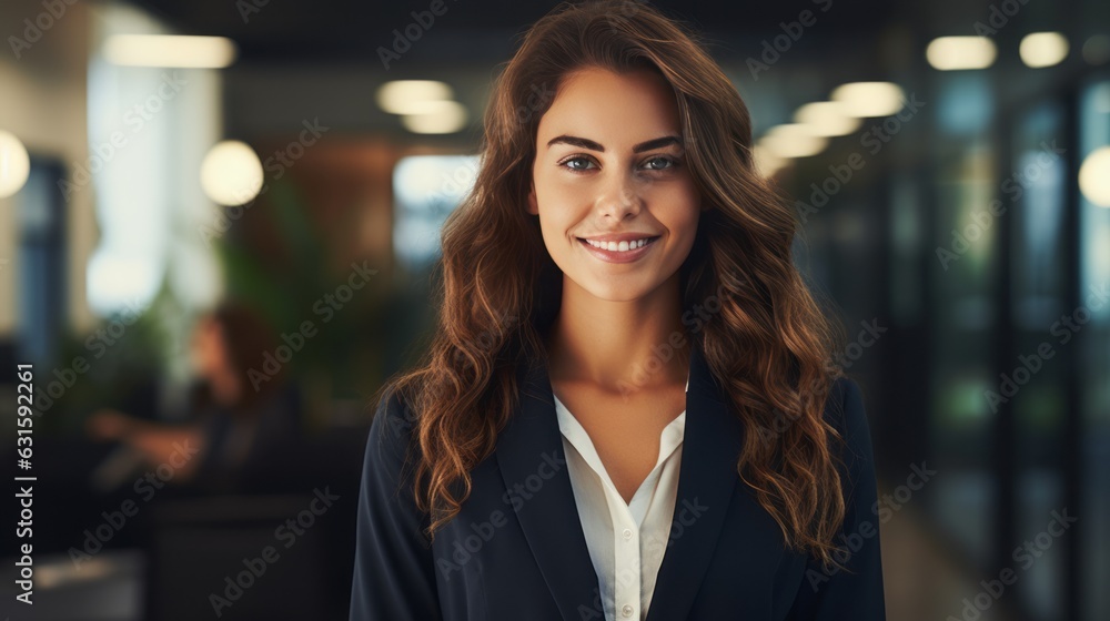 Young smiling professional caucasian woman standing in the office and looking at camera Young smiling professional caucasian woman standing in the office and looking at camera
