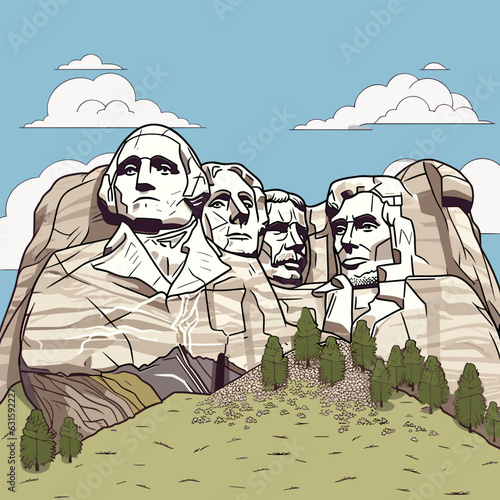 Mount Rushmore. Mount Rushmore hand-drawn comic illustration. Vector doodle style cartoon illustration