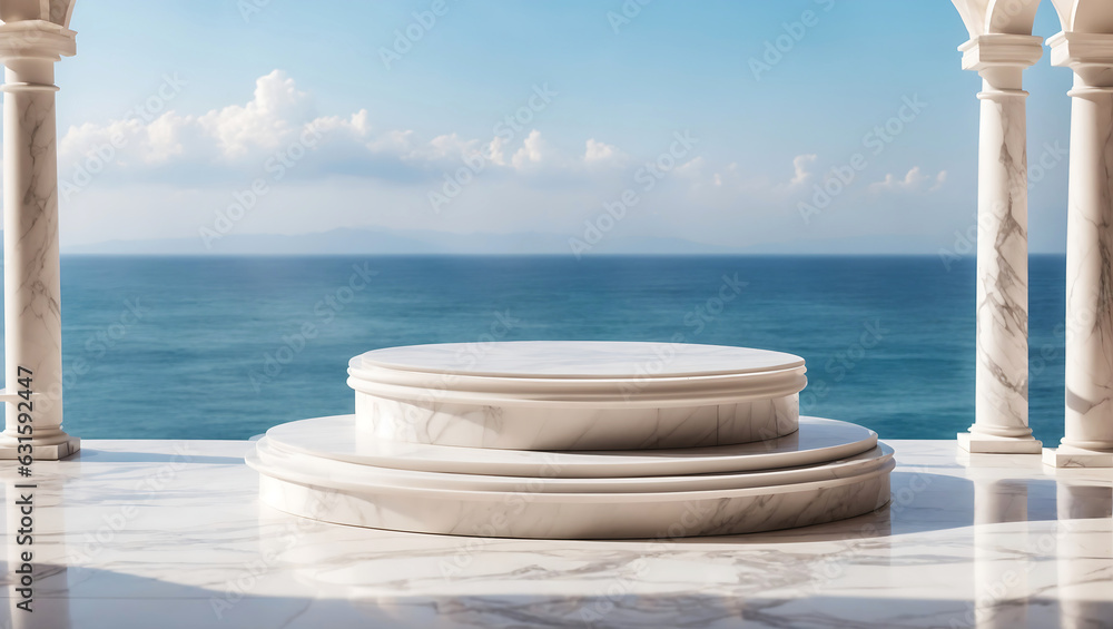 White marble podium with sea view on background. High-quality photo