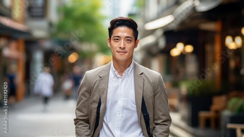 Young smiling professional asian man standing outdoor on street arms crossed and looking at camera