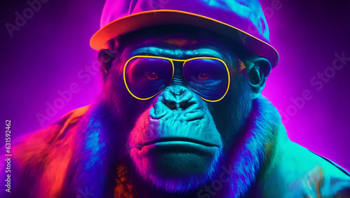 Neon portrait of gorilla rapper, gangsta monkey character © saju1993