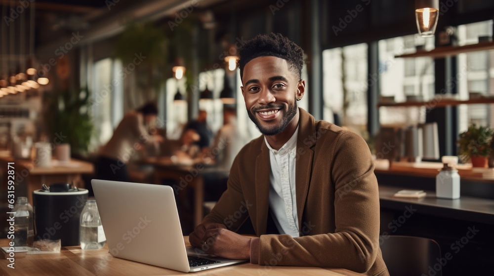 Young smiling professional black man working on the laptop in the office and looking at camera Young smiling professional black man working on the laptop in the office and looking at camera