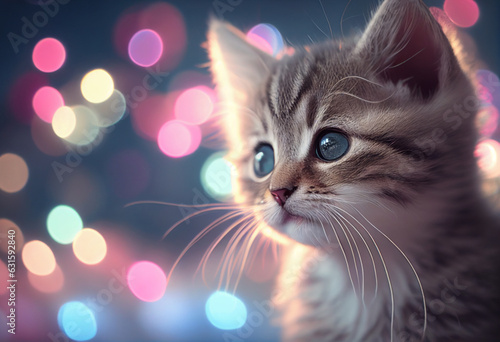 Kitten close-up against the background of lights and decorations during Christmas. AI Generated