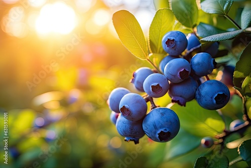 Blueberry bush with ripe berries on a sunny day in the forest, A branch with natural blueberries on a blurred background of a blueberry garden at golden hour, AI Generated