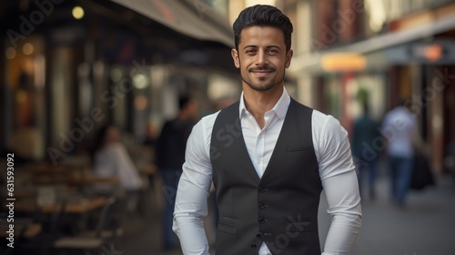 Young smiling professional Indian man standing outdoor on street arms crossed and looking at camera