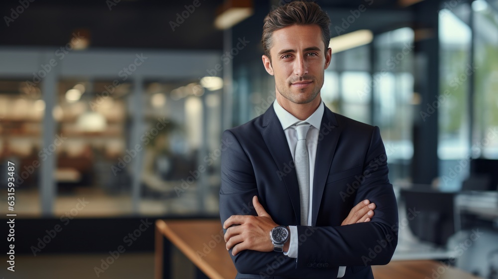 Young smiling professional caucasian man standing in the office and looking at camera Young smiling professional caucasian man standing in the office and looking at camera
