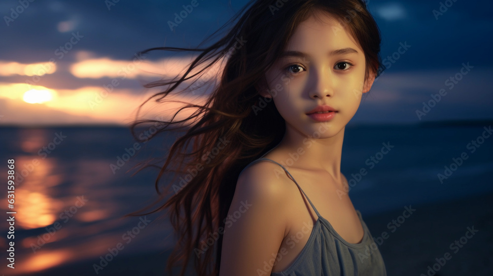 Young girl feeling confident and comfortable in their own skin in beach at evening portrait, Young girl feeling confident and comfortable in their own skin in beach at evening portrait,