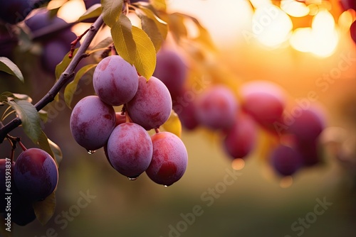 Leinwand Poster Ripe plums on a tree branch in the garden at sunset, A branch with natural plums