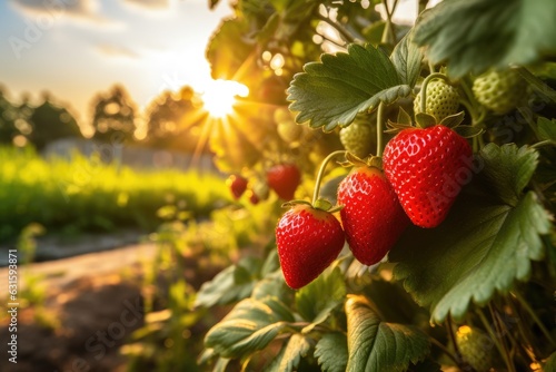 Ripe strawberries growing in garden, closeup. Organic farming concept, A branch with natural strawberries on a blurred background of a strawberry field at golden hour, AI Generated