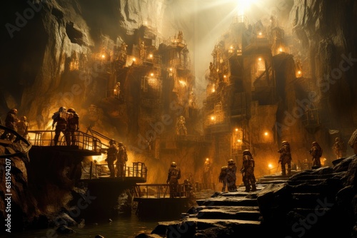 Silhouette of firemen in the cave at night. Selective focus, A breathtaking image of a seabed mining operation, with large, polished blocks of metal stacked high on a cliff face, AI Generated