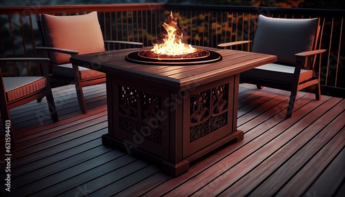 A closeup of a fire pit table with nic dec and with beautiful view Generative in ai photo