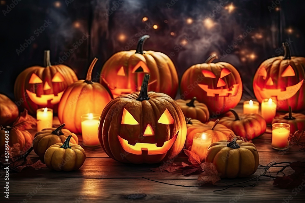 Fototapeta premium Halloween pumpkin and candles, jack o lantern, generative ai