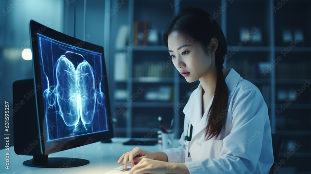 Asian women Doctor using technology document management on computer system management for cardiologist Specialist in treating heart disease for treatment in hospital , DMS document management concept Asian women Doctor using technology document management on computer system management for cardiologist Specialist in treating heart disease for treatment in hospital , DMS document management concept
