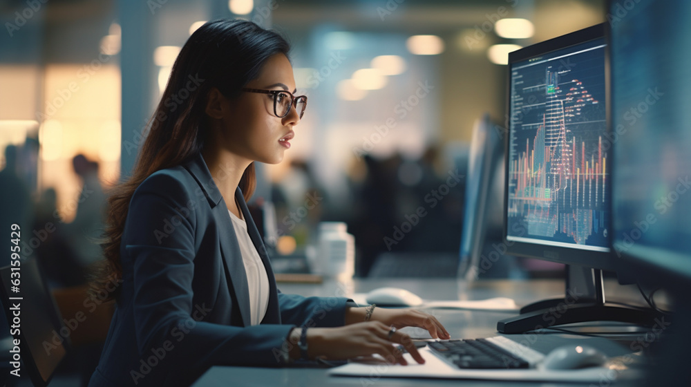 Asian women using computer for document management on business office ...