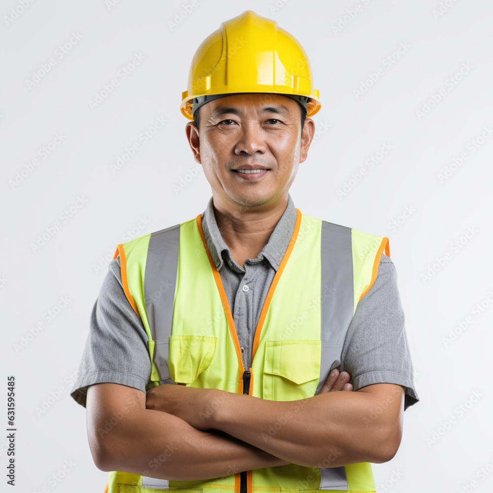 Asian Engineer confident, Young Portrait Asian Engineer yellow hard hat wearing safety vest with reflective stripes and jeans standing with arms crossed smiling white background Asian Engineer confident, Young Portrait Asian Engineer yellow hard hat wearing safety vest with reflective stripes and jeans standing with arms crossed smiling white background