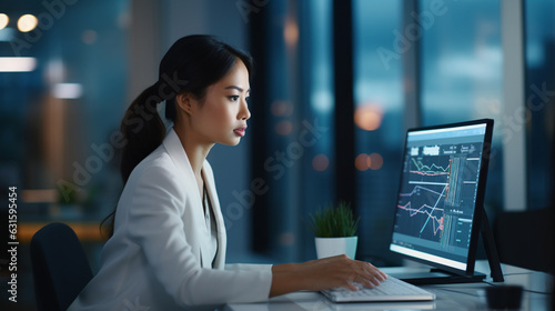 Asian women using computer for document management on business office. Businesswoman happy work marketing in office. Businesswomen using technology AI artificial intelligence support in work it easy.