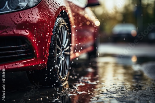 Red car wash with white soap foam and professional auto care service outdoor. Car cleaning service concept. Vehicle cleaning service. Foam wash car detailing. Luxury SUV car covered with water drops