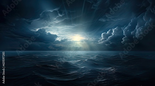 Storm Clearing Over the Sea. A Ray of Light Piercing Through the Dark Clouds in a Dramatic Natural Setting: Generative AI