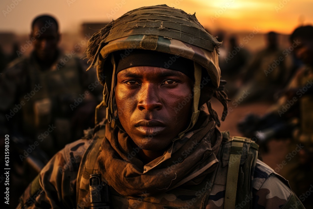 a closeup photo of a black african military soldier with camouflage uniform and equipment in Niamey, Niger. government overthrown in a military coup d'état. Generative AI - obrazy, fototapety, plakaty 
