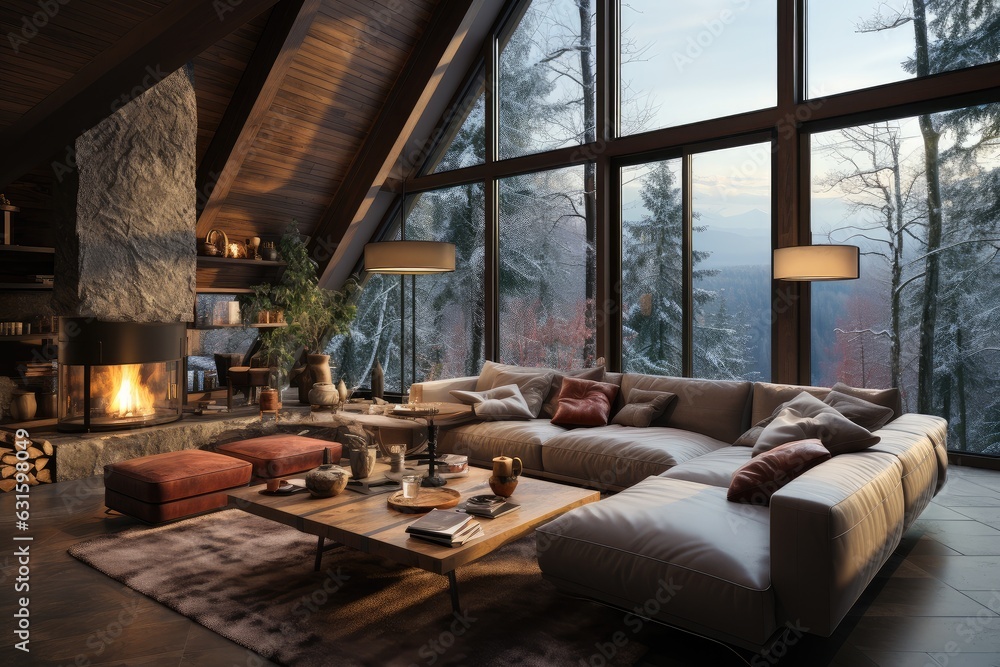 Fototapeta premium Cozy living room with a panoramic window overlooking the winter mountains and forest. Front view of sofa and coffee table against wide window with snowy mountain landscape. Concept of holidays.