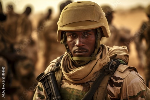 Fototapeta a closeup photo of a black african military soldier with camouflage uniform and equipment in Niamey, Niger