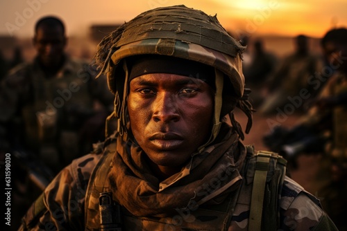 Fototapete a closeup photo of a black african military soldier with camouflage uniform and equipment in Niamey, Niger