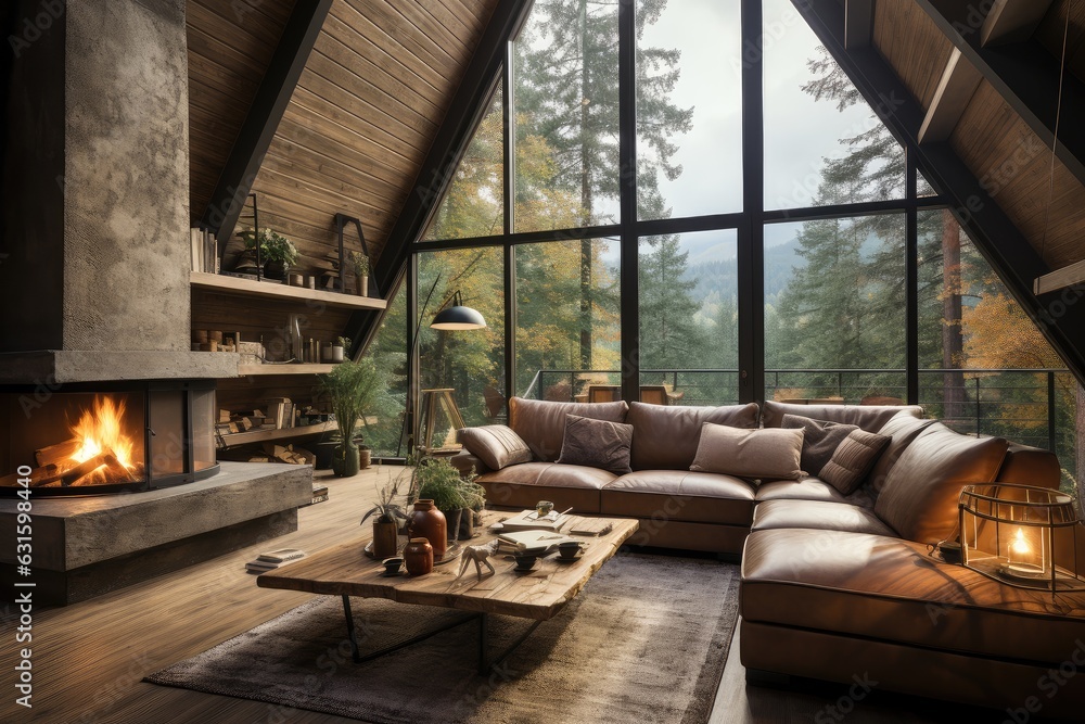 Obraz premium Cozy living room with a panoramic window overlooking the autumn mountains and forest. Front view of sofa and coffee table against wide window with mountain landscape. Concept of holidays.