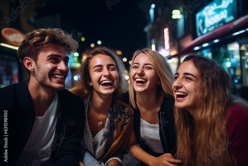 Lifestyle and friendship concept. Multi ethnic guys and girls spending time together. Happy life style friendship concept. Young multicultural people having fun time together in city. Generative AI © Rytis