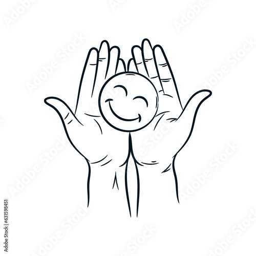 Hand holding smile face line drawing, positive thinking, mental health assessment, world mental health day concept vector sketch illustration