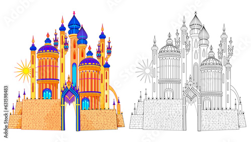 Colorful and black and white template for coloring. Fantasy illustration of fabulous oriental palace. Ancient architecture. Worksheet for coloring book for children and adults. Flat cartoon vector.