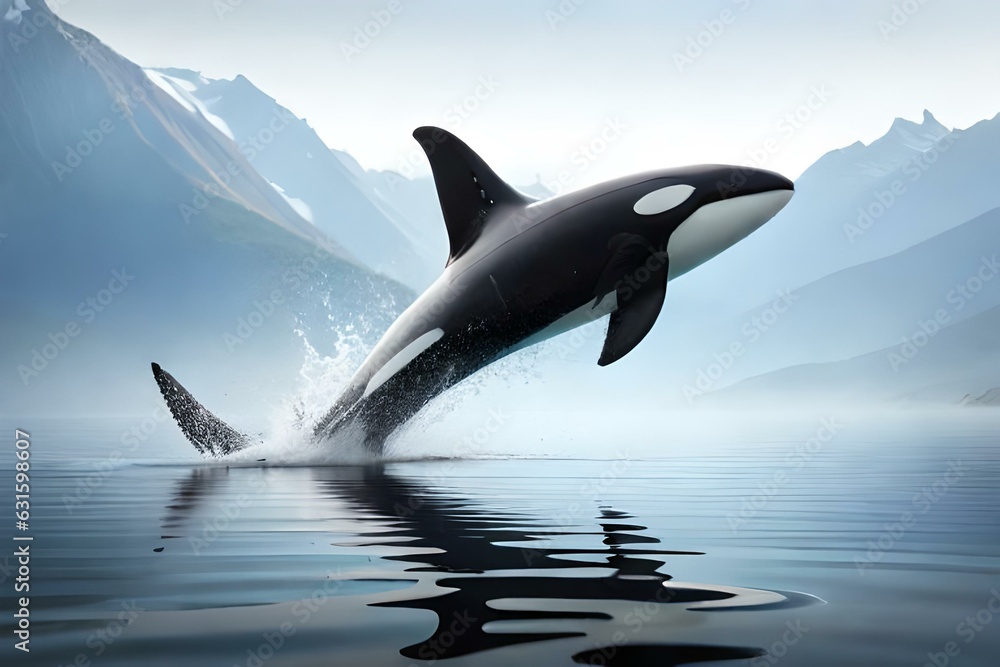 Fototapeta premium A blue whale jumping outside of the ocean - AI generative