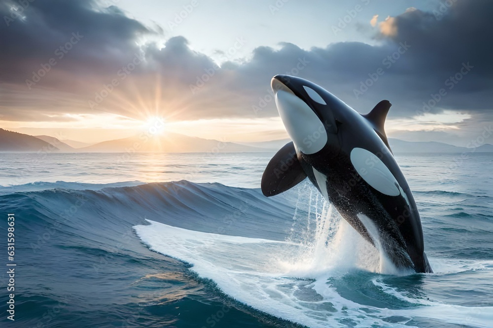 Fototapeta premium A blue whale jumping outside of the ocean - AI generative