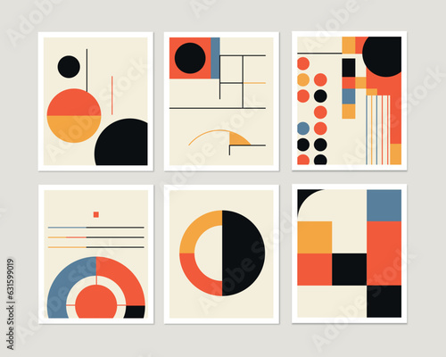 Set of minimal geometric bauhaus style design posters, vector template with primitive shapes elements