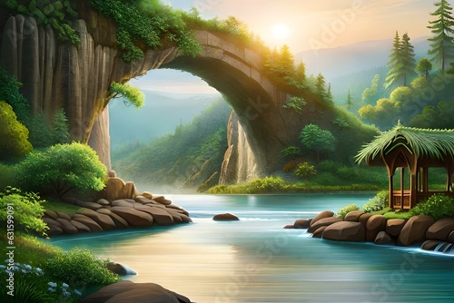 A bridge gracefully spanning the gap between two towering rock formations amidst a verdant oasis - AI generative