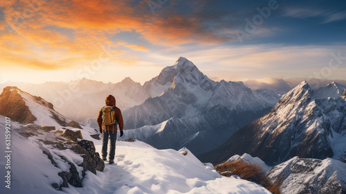 Hiker with backpacks reaches the summit of mountain peak. Success, freedom and happiness, achievement in mountains. Active sport concept.