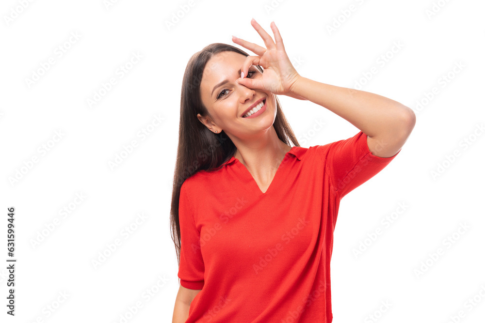 young smiling european woman with dark straight hair on white background with copy space young smiling european woman with dark straight hair on white background with copy space