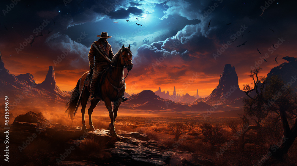 Horseman sitting on a horse in front of a beautiful sunset background with canyons, poster. - obrazy, fototapety, plakaty 