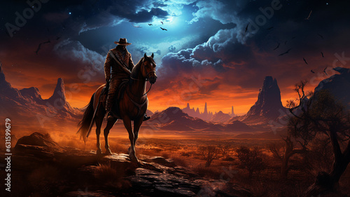 Horseman sitting on a horse in front of a beautiful sunset background with canyons, poster. © Nataliia