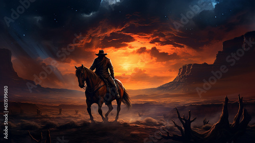 Horseman sitting on a horse in front of a beautiful sunset background with canyons  poster.