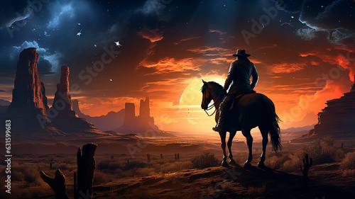 Horseman sitting on a horse in front of a beautiful sunset background with canyons, poster.