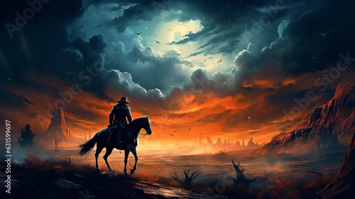Horseman sitting on a horse in front of a beautiful sunset background with canyons  poster.