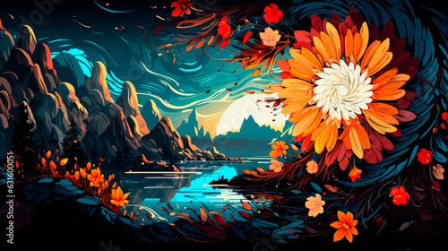 Colorful  Art of large flowers, mountains, and a river © James Nesterwitz