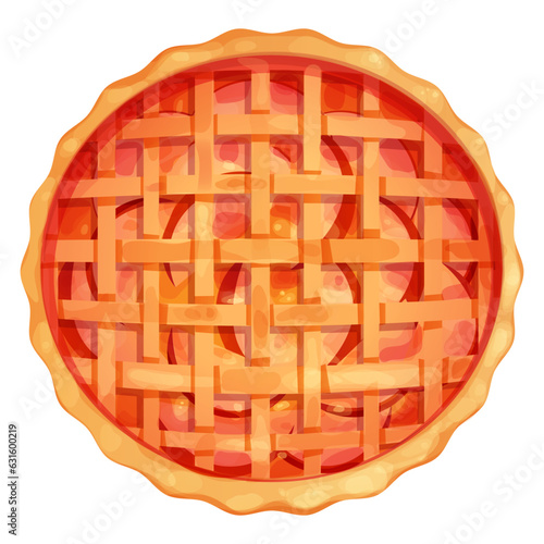 Homemde pie, tart orange top view whole round bakery, dessert in cartoon style isolated on white background. Harvest, warm autumn food
